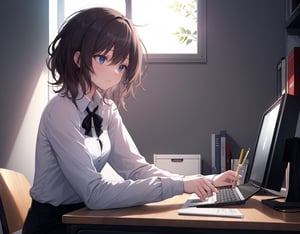 (masterpiece, top quality), high definition, artistic composition, 1 woman, collared cutter shirt, stylish office, looking at computer on desk, sleepy, messy hair, morning, white light shining through, window seat, all night, expressionless, striking light, dramatic