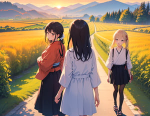 (Masterpiece, Top Quality), High Definition, Artistic Composition, 3 Girls, Casual Fashion, Sunset, Backlit, Japanese Countryside, Walking, Beautiful Nature, Talking, Excited, Exaggerated Gestures, Girlish Gestures, Portrait, Film Style, Impressive Light, Looking Fun, Sideways, Looking Away