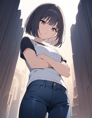 (masterpiece, highest quality), high definition, artistic composition, 1 woman, standing, expressionless, arms crossed, looking down, backlit, looking down, from below, trainers, jeans, bob cut, dramatic