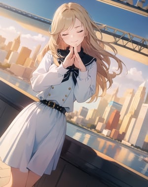 Masterpiece, Top Quality, High Definition, Artistic Composition,1 girl, bowing, squinting and smiling, hands reaching down to meet, city boulevard, from above, POW, Dutch angle, girlish gesture, pretty