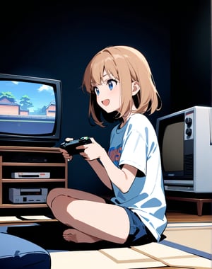 Masterpiece, Top Quality, High Definition, Artistic Composition,1 girl, Japanese living room, indian style, sitting, playing video game, NES, small CRT TV, dark room, portrait, gamepad in hand, open mouth smiling, 1990 Japan, from side , T-shirt, shorts, holding out gamepad