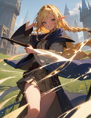 Masterpiece, Top quality, High definition, Artistic composition, One girl, Elf wizard, Navy blue robe, Khaki skirt, Magic wand made of wood, Long blonde hair, Hair in braids, Smiling, Posing, Meadow, Cheerful, Sharp eyes, Fantasy,breakdomain