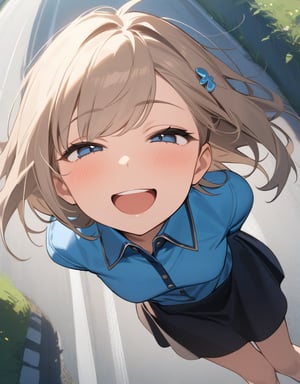 (masterpiece, top quality), high definition, artistic composition, 1 girl, hands folded behind her back, bending forward, looking up, composition from above, squinting, open mouth smile, spinning around, looking at me, focus on face, blue shirt, big hairpin, little girl, road, portrait, Dutch angle, nasty smile , black skirt, childish.