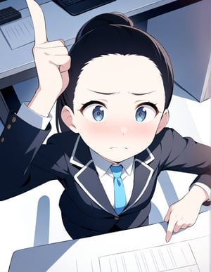 (masterpiece, top quality), high definition, artistic composition, one female, pointing, embarrassed, troubled, collared shirt, business suit, from above, nose blush, broad forehead, hair pulled back, fingers up, office, cute, comedy, animation, reaching