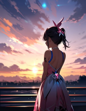 (masterpiece, top quality), high definition, artistic composition, 1 girl, 15 years old, pink magical girl, from behind, palms together in front of chest, looking away, from behind, back visible, sunset, backlit, dirty, tired, suspicious sky color