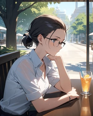 (masterpiece, top quality), high definition, artistic composition, 1 woman, cutter shirt, business suit, no tie, loose collar, hair tied back, cool glasses, open cafe, drinking water from an ice glass, resting, shady tree, urban landscape, summer, portrait, sweaty sweating, handkerchief on table, taking a break from work, looking away