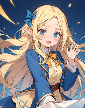(masterpiece, top quality), high definition, artistic composition, 1 girl, elf, navy blue jacket, cream yellow shirt, gold earrings, blonde hair, long hair, big blue ribbon, disgusted face, scared, mouth open, face turned away, looking sideways, waving hands, fantasy, cartoon, from front, sweat