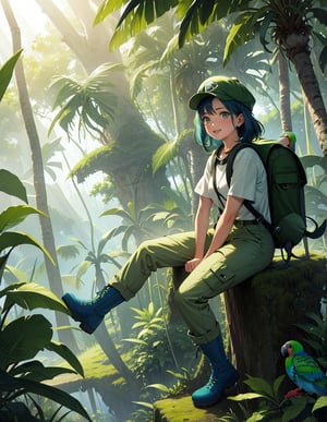 Masterpiece, Top Quality, High Definition, Artistic Composition, One girl, explorer, sitting, green exploration outfit, beige pants, blue cap, jungle boots, smiling, reaching out, composition from front, large backpack in place, dark jungle, green, parrot and parakeet flying, paradise, Sunlight through trees, high contrast,