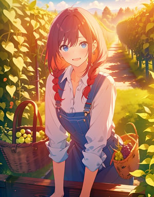 ((masterpiece, top quality), high definition, artistic composition, 1 woman, vineyard, stooping, overalls, apron, woven basket, red hair, braids, blue eyes, smiling, striking light, freckles, dramatic, grape cluster