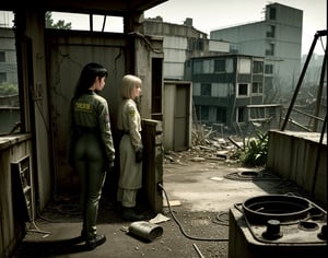masterpiece, top quality, artistic composition, realistic, 1 girl, fallout, VOLT suit, 1950s US residential area, ruins, post-nuclear war world, wide shot, bold composition, apocalypse, 1960s science fiction, dirty, filthy, decaying car, back view, vast ruins, retro look,<lora:659111690174031528:1.0>