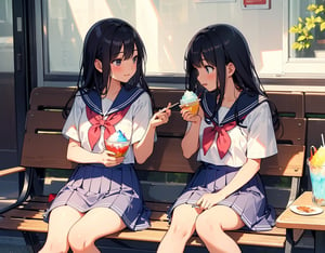 (masterpiece, top quality), high definition, artistic composition, two girls, open cafe, sitting opposite each other, shaved ice, spoon in hand, talking, looking away, sailor suit, school uniform, summer dress, crossing legs, feminine gesture, side view, portrait, summer, hot, excited