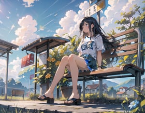 Masterpiece, Top Quality, High Definition, Artistic Composition,1 girl, sitting, looking away, printed T-shirt, denim mini skirt, sandals, Japanese countryside, bus stop, blue sky, incoming clouds, summer, wide shot,breakdomain,girl