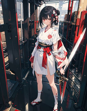  Masterpiece, top quality, high definition, artistic composition, 1 girl, serious face, standing pose, fighting clothes like kimono, white and red, sword at waist, clothes like machine, slender, black hair, hair decoration, sword like Japanese sword at waist, full body, large warehouse,