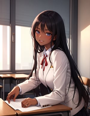 (masterpiece, top quality), high definition, artistic composition, 1 girl, classroom, seated, elbows on desk, smiling, black hair, long hair - dark eyes, dark skin, portrait, white blazer, school uniform, red ribbon, from front, exotic, head tilted