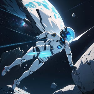 (masterpiece, top quality), high definition, artistic composition, 1 woman, white space suit, aboard a humanoid commuter with arms and legs, floating in space, from side, piloting, asteroid, many small rocks floating, from side, looking away, striking light, dark space, near future,