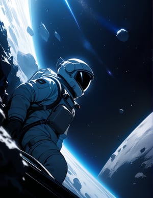 Masterpiece, Top Quality, High Definition, Artistic Composition,1 girl, space suit, spacewalk, (asteroid), dark space, Dutch angle, helmet, working outboard, high contrast, cold, vast,