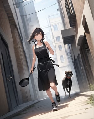 (masterpiece, top quality), high definition, artistic composition, 1 girl, black sportswear, stylish apron, running, frying pan in hand, off balance, panicked, looking away, attention seeking, urban area, stoop, Dutch angle