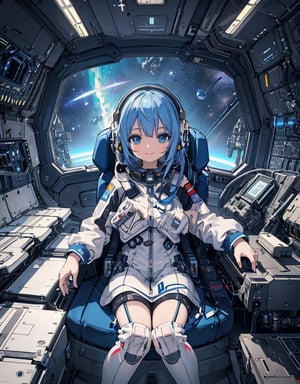  Masterpiece, Top Quality, High Definition, Artistic Composition, 1 girl, smiling, tight white space suit, outer space, sitting in narrow cockpit of spaceship, front view, crammed with machinery, futuristic, organic headset, science fiction, blue hair, blue eyes, communicating