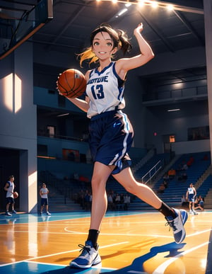 (masterpiece, top quality), high definition, artistic composition, 1 woman, basketball player, dribbling, basketball court, gymnasium, spotlight, smiling, running, impressive light, lively, one hand up