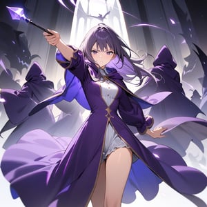 Masterpiece, Top Quality, High Definition, Artistic Composition,1 girl, wizard, purple robe, holding up magic wand, floating in air, many monsters dancing in background, serious face, simple background