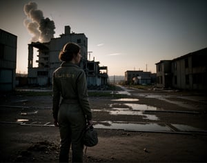 masterpiece, top quality, artistic composition, realistic, 1 girl, fallout, VOLT suit, 1950s American residential neighborhood, ruins, post-nuclear war world, wide shot, bold composition, apocalypse, 1960s science fiction, dirty, filthy, decaying car, back view, vast ruins, retro feel, with shepherd dog, striking light, dramatic,Masterpiece,<lora:659111690174031528:1.0>