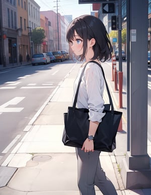 (masterpiece, top quality), high definition, artistic composition, 1 girl, printed easy pants, white shirt, tote bag, looking away, walking, urban, sobriety, portrait, hurrying, slip-on, looking at my watch, from the side