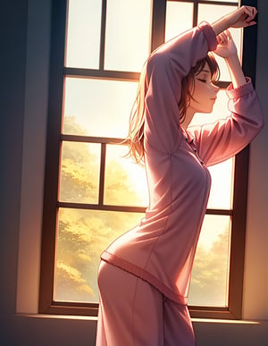 (masterpiece, top quality), high definition, artistic composition, one girl, standing tall, arched back, arms up, pajamas, eyes closed, pleasant, large window, facing window, morning, light shining, striking light, portrait, beautiful