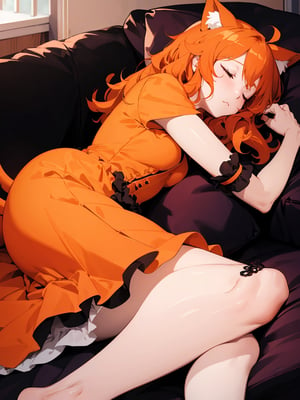 masterpiece, top quality, 1 girl, orange hair, frizzy hair, big eyes, cat ears and tail, orange dress, sleeping curled up, sleeping on couch, high definition