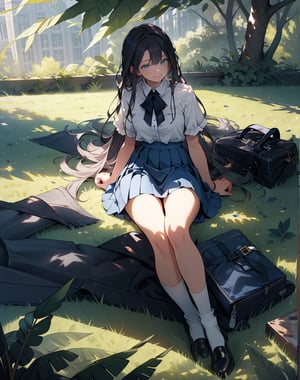 (masterpiece, top quality), high definition, artistic composition, one girl, sprawled out, lying on grass, smiling, sunlight filtering through trees, shadow of leaves, pleasant, wind blowing, white shirt, dark blue skirt, an aerial view, Dutch angle, white socks, looking away, staring at sky

