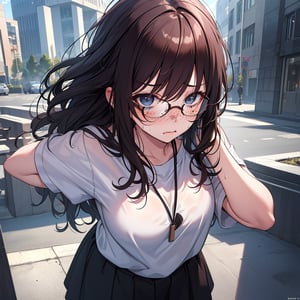 (masterpiece, top quality), high definition, artistic composition, 1 girl, nose blush, from above, POW, panicked, embarrassed, glasses, freckles, dark hair, long bob, messy hair, sweat, (waves hands in front of face), somber casual fashion, park, dramatic, Dutch angle