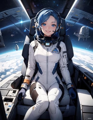  Masterpiece, Top Quality, High Definition, Artistic Composition, 1 girl, smiling, tight white space suit, outer space, sitting in narrow cockpit of spacecraft, front view, crammed with machinery, futuristic, organic headset, science fiction, blue hair, blue eyes, communicating, looking up, one hand touching hair, below, beautiful body line, perspective,breakdomain