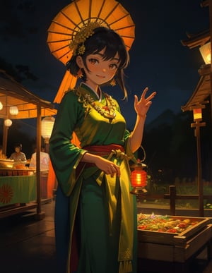 (masterpiece, top quality), high definition, artistic composition, 1 woman, Southeast Asian folk costume, smiling, Southeast Asian festival night, food stall, lantern light, exotic, girlish gesture, dramatic