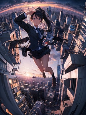 Masterpiece, top quality, 1 girl, jumping, beautiful background, cityscape, building rooftop, blazer, uniform, school uniform, legs bent, ponytail, sports bag, fisheye lens, high definition, artistic composition, night scene, perspective, wide angle