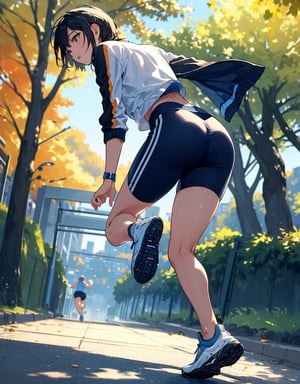 (masterpiece, top quality), high definition, artistic composition, 1 woman, running clothes, running shoes, running a marathon, running, short hair, looking away, tree-lined street, fall, from below, emphasis on feet, bold composition, sense of speed, Dutch angle, motion blur, lively, perspective