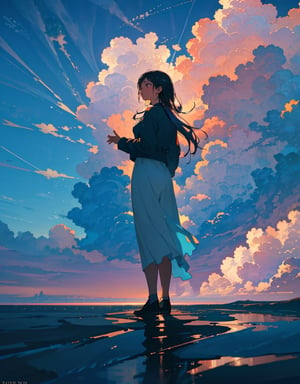  Masterpiece, Top Quality, High Definition, Artistic Composition, 1 Girl, Back View, Looking Up To Heaven, Sea, Wide Sky, Striking Sky Color, Many Lines Of Light Falling From The Sky, Wide Shot, Majestic Nature, Fantastic, Open Hands, Dramatic,<lora:659111690174031528:1.0>