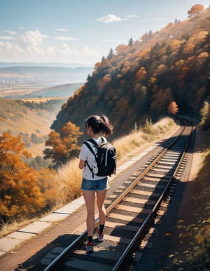 (masterpiece, top quality), high definition, artistic composition, one girl, jersey, shorts, trekking shoes, backpack on her back, walking on railroad tracks, slope, uphill, from front, long stretch of railroad track, beautiful nature, cityscape in distance, fall, bold composition, looking away, from above