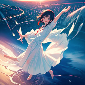 Masterpiece, Top Quality, 1 girl, flying, open mouth smiling, magic circle, white dress, hands out, bare feet, beautiful nature, retro cityscape, fisheye lens, high definition, artistic composition, composition from above, back down, action pose, big red ribbon, blurred distant view, motion blur, dancing white light, cowboy shot, focus on feet,<lora:659111690174031528:1.0>