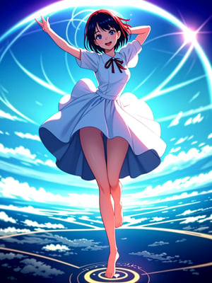 Masterpiece, Top Quality, 1 girl, flying, smiling with mouth open, magic circle, white dress, hand out, barefoot, beautiful nature, retro cityscape, fisheye lens, high definition, artistic composition, composition from above, close-up of feet, full body, action pose, big red ribbon, blurred distant view, motion blur, dancing white light,masterpiece,<lora:659111690174031528:1.0>