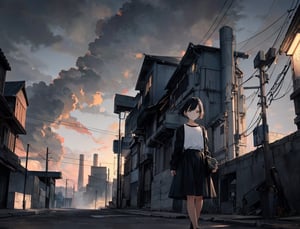 Masterpiece, Top Quality, High Definition, Artistic Composition, 1 girl, blank expression, white shirt, black skirt, 1960s Japan, short hair, crude clothing, gray sky, big factory, lots of chimneys, lots of smoke coming from big chimney, melancholy, dark, wide shot, portrait, slum, black fog, 13-year-old girl, yellow street lamp