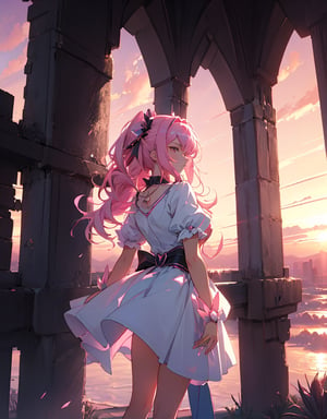 (masterpiece, top quality), high definition, artistic composition, 1 girl, 15 years old, pink magical girl, from behind, palms together in front of chest, looking away, from behind, back visible, sunset, backlit, dirty, tired, suspicious sky color, dramatic, high contrast, wilderness, animation