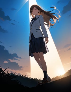 Masterpiece, Top Quality, High Definition, Artistic Composition,1 girl, brown hair, from below, standing on a hill, backlit, striking light, white blazer, school uniform, on her way to school, looking at me, black hair, long hair - standing tall, young lady, black ribbon, portrait, bold composition, Full body, Loafers