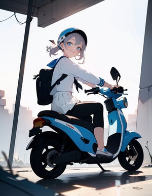 (masterpiece, top quality), high definition, artistic composition, 1 girl, riding scooter, sports helmet, abandoned town, sailor suit, backpack, smiling, bold composition, dramatic, striking light, leaning forward, disaster