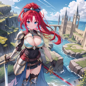 Masterpiece, top quality, 1 girl, bikini armor, standing, bold pose, red hair, ponytail, big eyes, smiling, see-through, holding huge sword, beautiful nature, western medieval city, natural light, hair shining, fantasy, blue sky, high definition, artistic composition