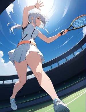 (Masterpiece, Top Quality), High Definition, Artistic Composition, 1 Woman, Tennis Wear, Tennis Court, Waving Tennis Racket, Long Limbs, Stylish, Action Pose, From Below, Bold Composition, Dynamic, Perspective, Dramatic