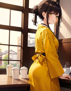 (masterpiece, top quality), high definition, artistic composition, 1 girl, dark hair, hair tied back, family restaurant clerk, smiling, Japanese family restaurant, coffee offered on table, green and yellow uniform, cute costume, from side, looking away