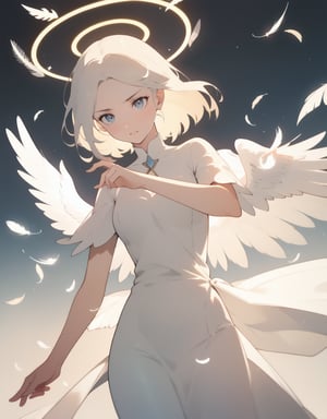 (masterpiece, top quality), high definition, artistic composition, 1 woman, angel, looking down, holding out her hand towards me, close-up of fingers, beautiful light, halo, rainbow, beautiful angel feathers, calm eyes, dancing bird feathers, dramatic, striking light, moody