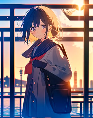  masterpiece, top quality, high definition, artistic composition, 1 girl, sailor uniform, school uniform, japan, school uniform, worried, bust shot, reaching out, backlit, crouching, peeking, japanese cityscape,best quality,masterpiece,<lora:659111690174031528:1.0>