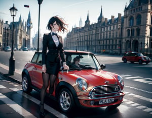 (masterpiece, top quality), high definition, artistic composition, 1 woman, smirking, driving, steering wheel, looking away, England, City of London, BMC Mini, lively, fast, bold composition