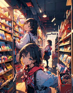  Masterpiece, top quality, high definition, artistic composition, 1 woman, smiling, smiling with mouth open, toy store, leaning forward, peeking, shelves lined with toys, hands forward, childish adult, happy, Japan, wide angle, side view, looking away