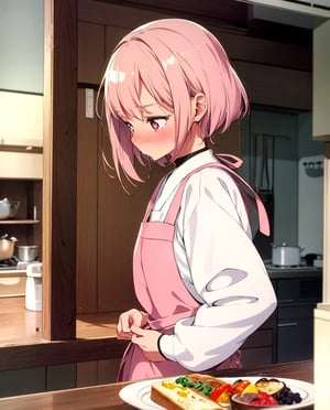 Masterpiece, Top Quality, High Definition, Artistic Composition, 1 girl, Embarrassed, Offering breakfast, Blushing, Apron, Japanese kitchen, Sweatshirt, Hair tucked back, Looking away, Morning, Portrait, Warm, 1960s